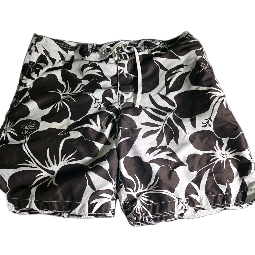 Gap Men's Swim Trunks Size Large Black White Hibiscus Floral Board Shorts